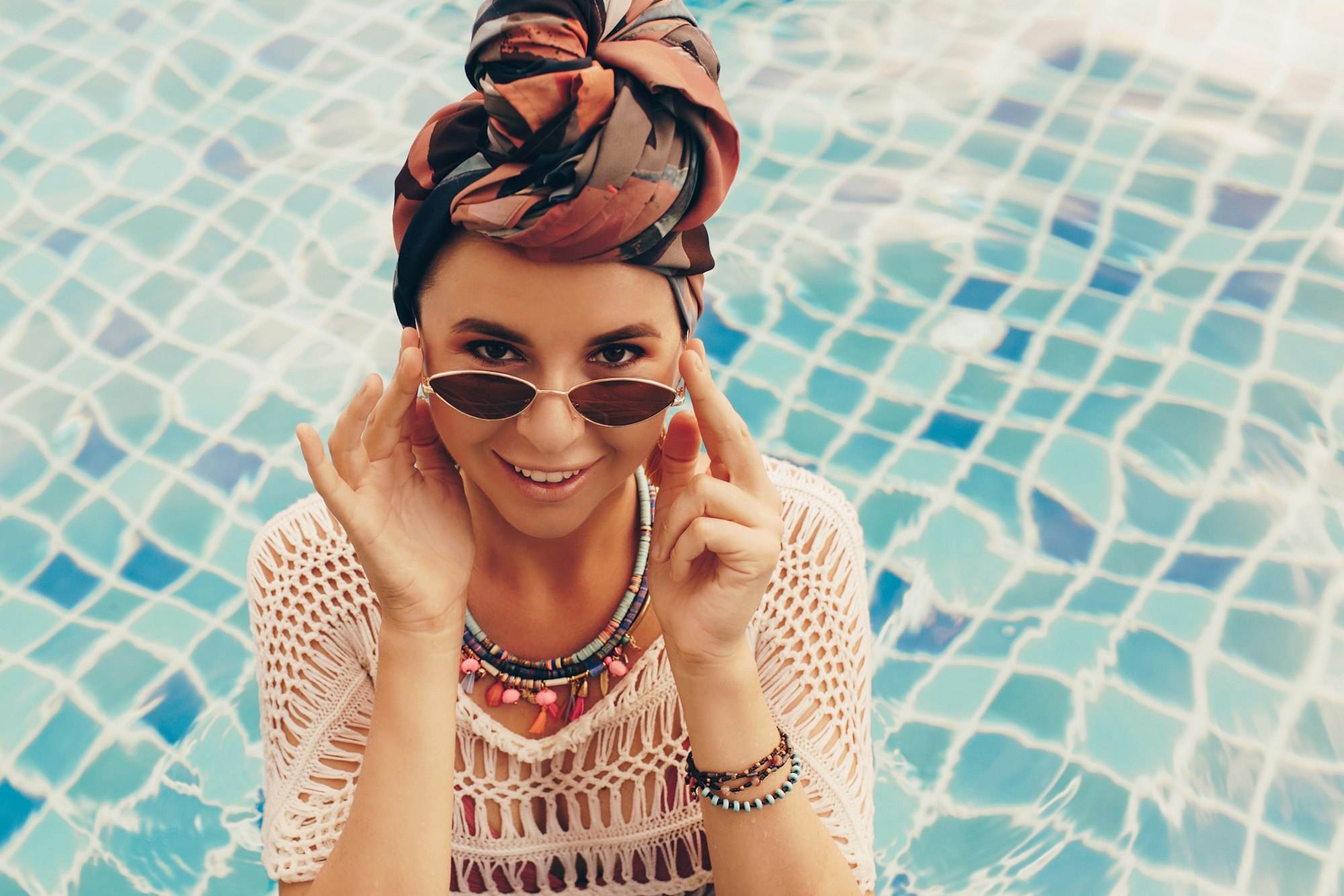 Close up portrait of confident woman demonstrate summer fashion trends